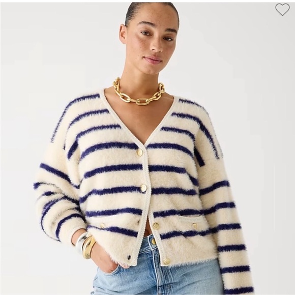 J. Crew Sweater Lady Jacket in Striped Brushed Yarn Nautical White and Navy (L) - Picture 14 of 14
